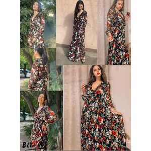 Floral Deep V Neck Long Sleeve Evening Cocktail Party Maxi Wedding Dress Sz L